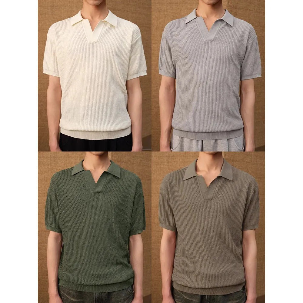 Man wearing a creamy white striped loose fit short sleeve polo shirt made from ice silk fabric.