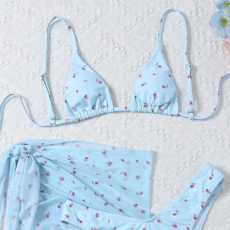 Women's beach style printed swimsuit three piece set in blue with polyester fabric, sizes S to XL