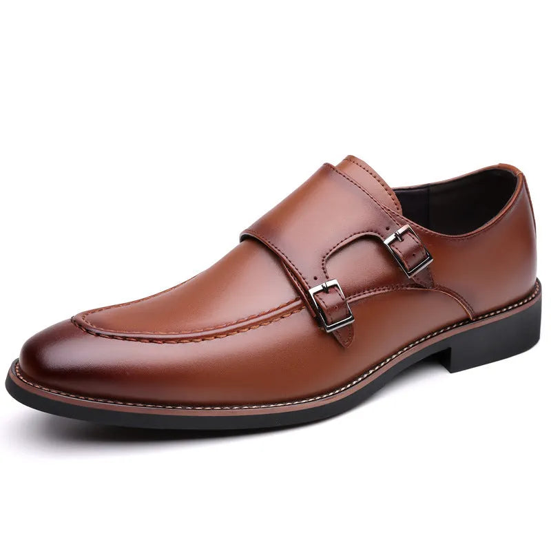 Men's slip-on business shoes in black or brown microfiber leather with pointed toe and rubber sole