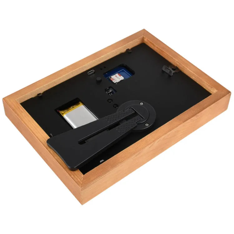 73-inch solid wood photo frame with rainbow colour band and e-ink screen displaying a still image