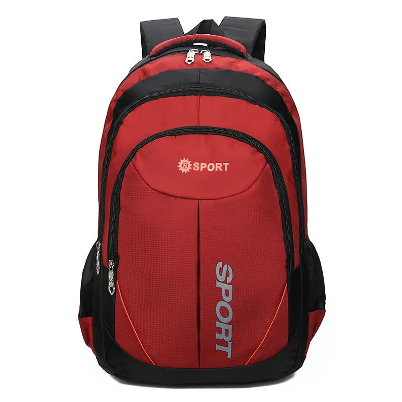 Men's large capacity nylon backpack in black with curved shoulder straps and letter design