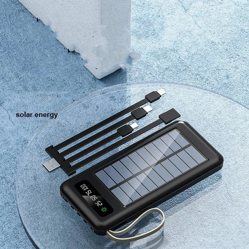 Cool black and ivory white solar power bank showing integrated solar panel and compact 144mm x 68mm dimensions.