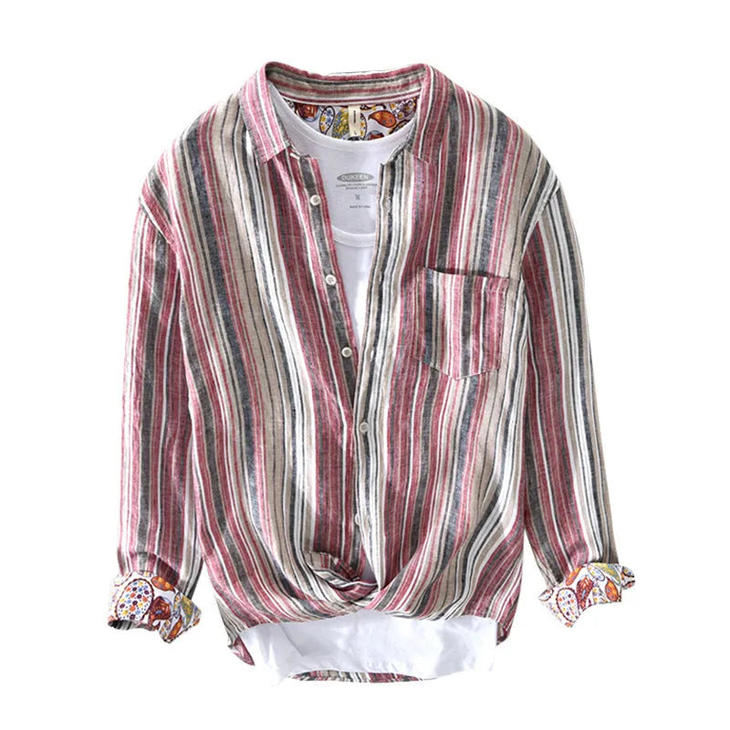 A man wearing a red and grey striped linen casual shirt with long sleeves and a loose fit.