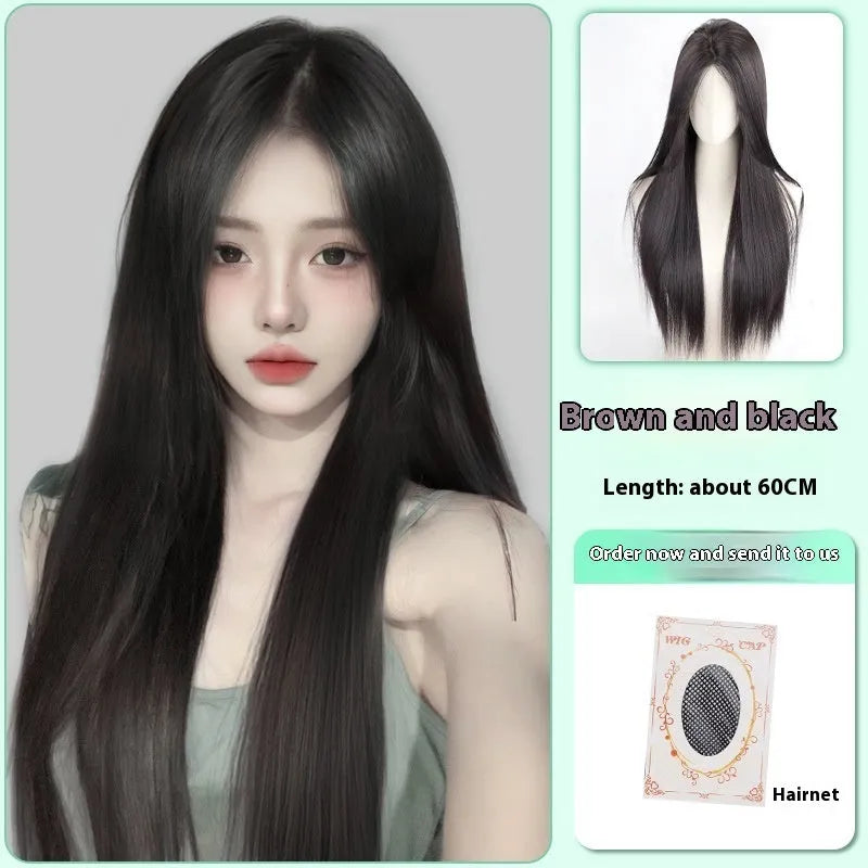 Female full-head wig with forehead lace front in high temperature fibre material, brown black colour option