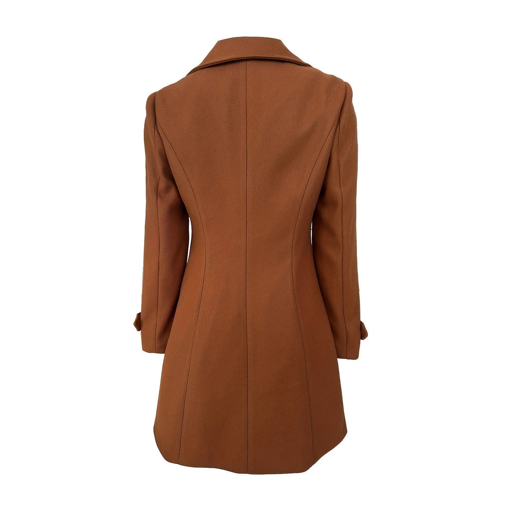 Women's dark brown double breasted chenille coat with splicing detail, slim fit, medium length, long sleeves