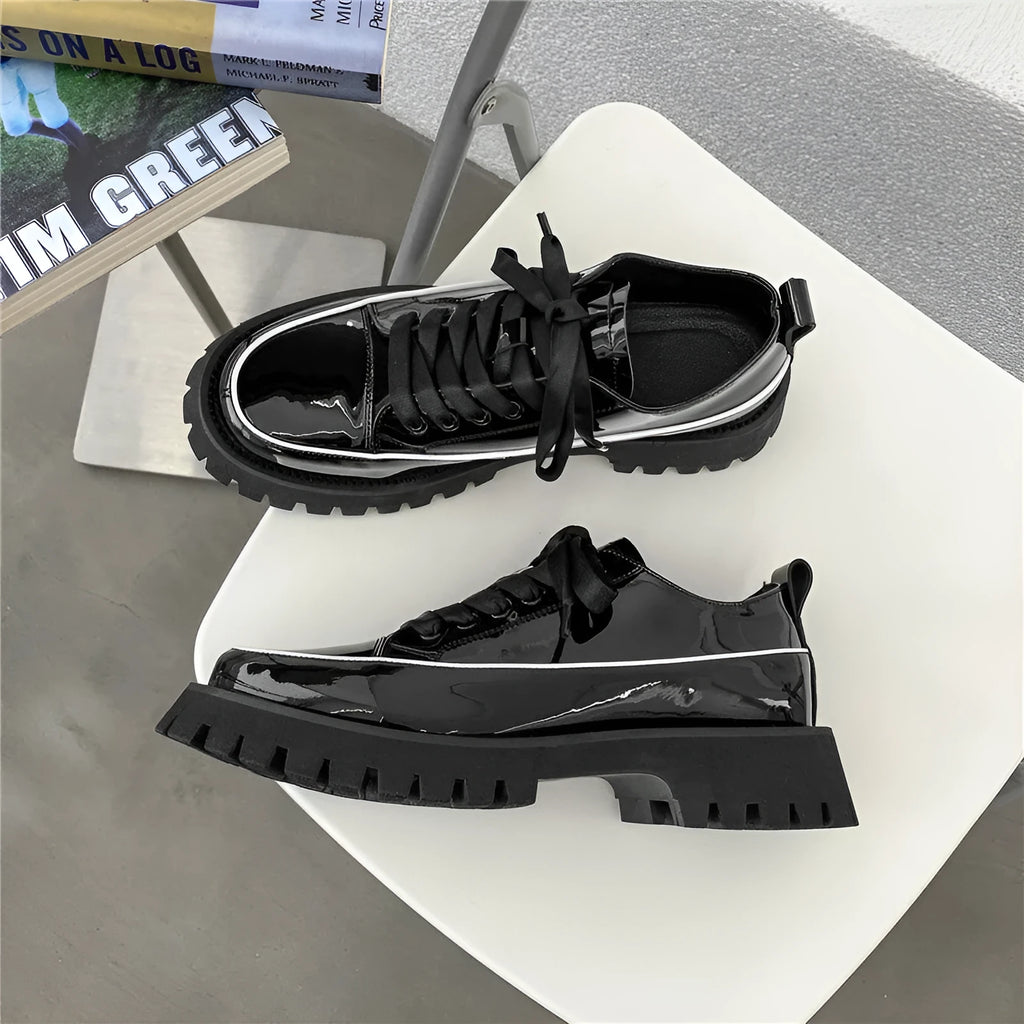 Men's casual leather platform shoes in black, cowhide upper, heavy bottomed rubber sole for height increase