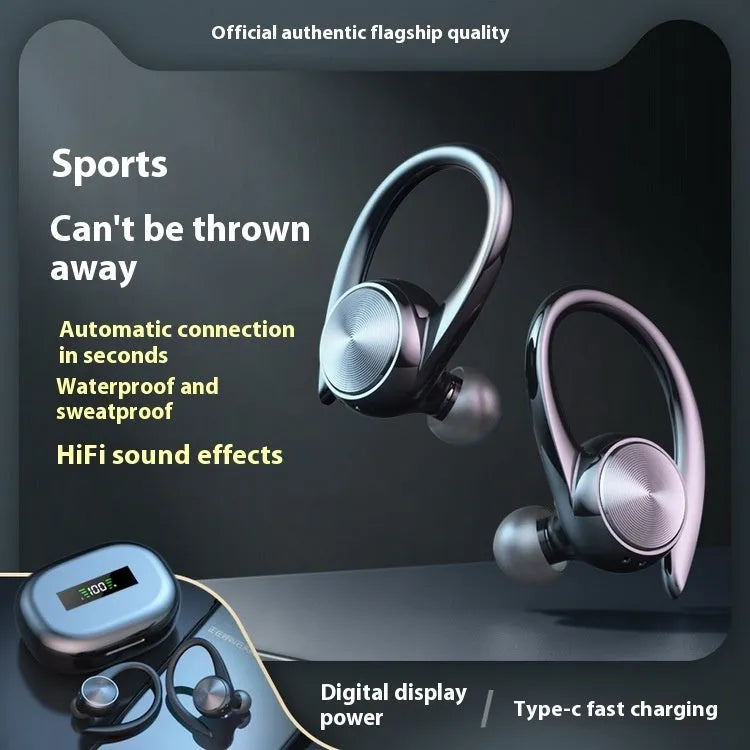 R200TWS ear-mounted sports Bluetooth headset with digital display, sweat-proof design, available in black white pink skin