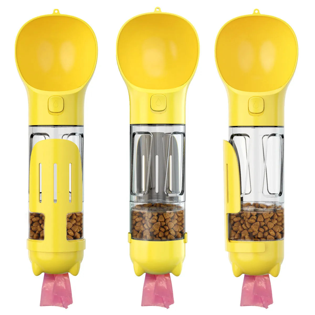 Portable 3 in 1 dog water bottle 500ml leak proof with treat holder and poop bag dispenser