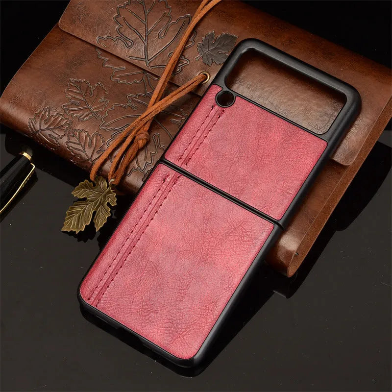Cow pattern car thread phone case for Samsung Galaxy Z Flip 3 and 4, PC leather back cover in black.