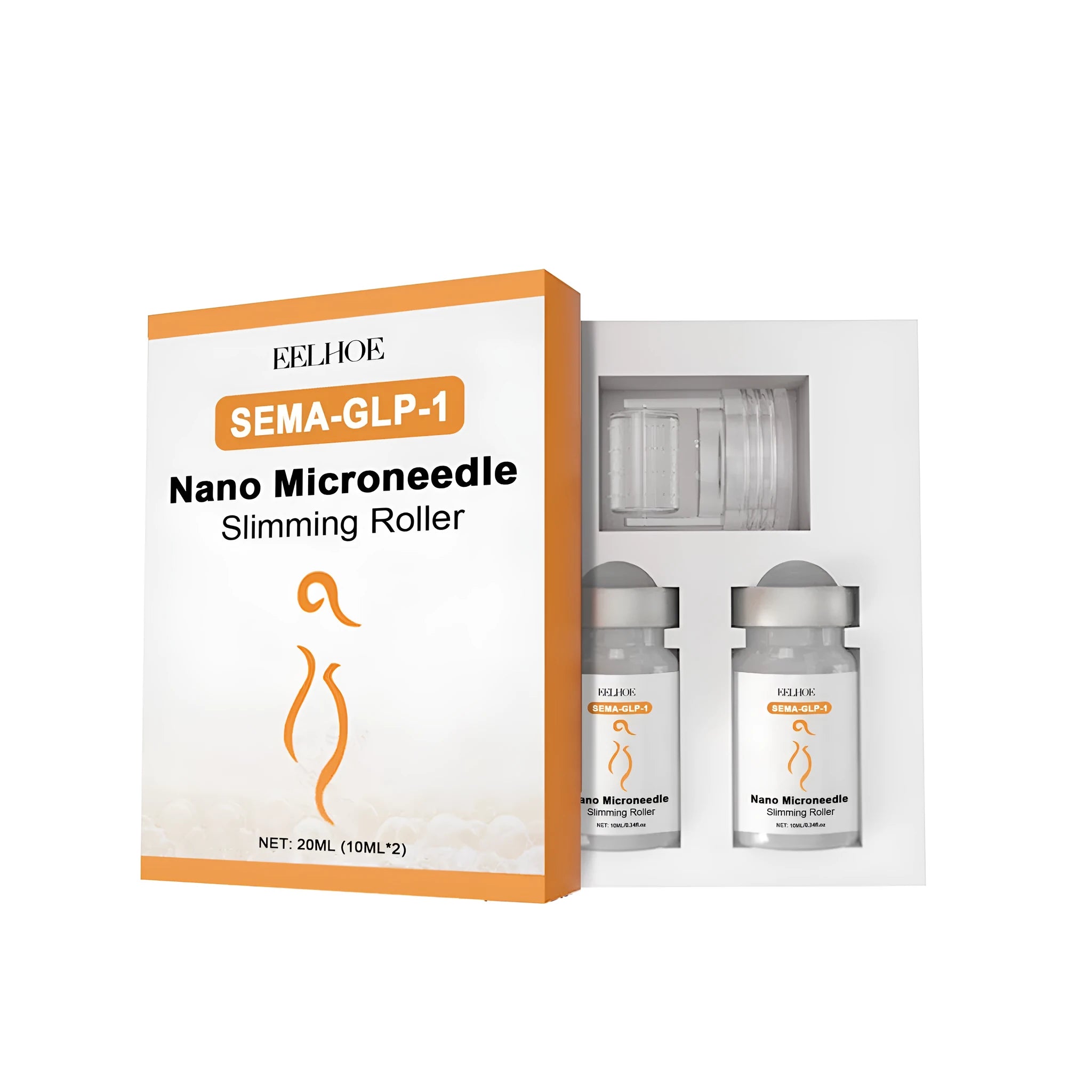 Micro Needle Body Shaping Roller kit showing two 10ml essence bottles and a microneedle roller tool.