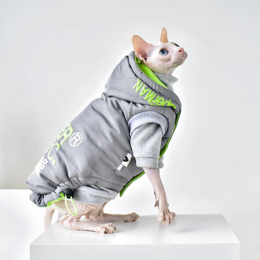 Space Grey hairless cat winter coat with windproof TP polyester outer and cotton lining, sizes S-XXL