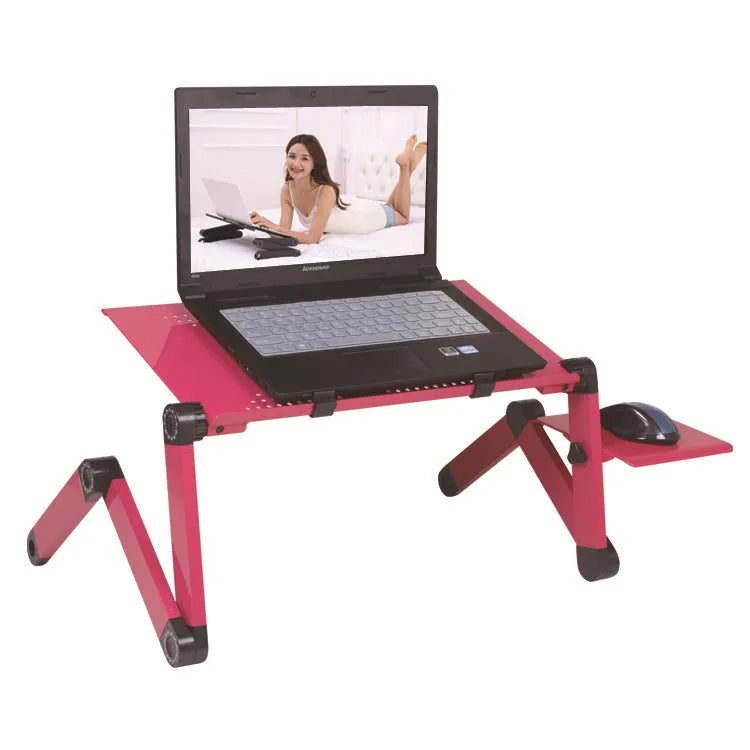 Red folding metal bed desk with cooling holes and a laptop placed on it.