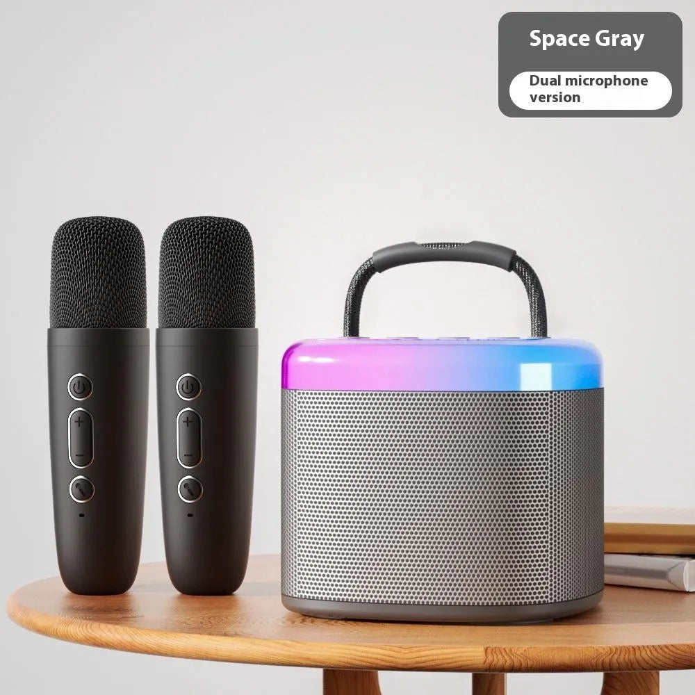 Bluetooth portable singing microphone and stereo speaker suit in space gray with double wheat grille