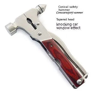 Solid steel 16-in-1 car safety emergency hammer with axe, claw, and cone heads, shown folded with Oxford fabric bag.
