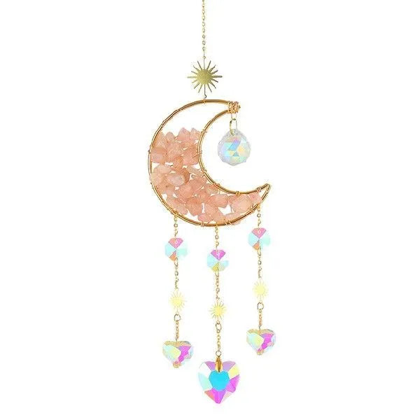 K9 crystal moon car pendant hanging on a metal chain, shown in a blue colour option.