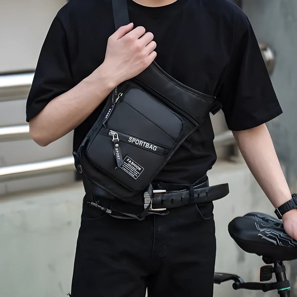 Men's black cycling leg crossbody bag with waterproof nylon construction