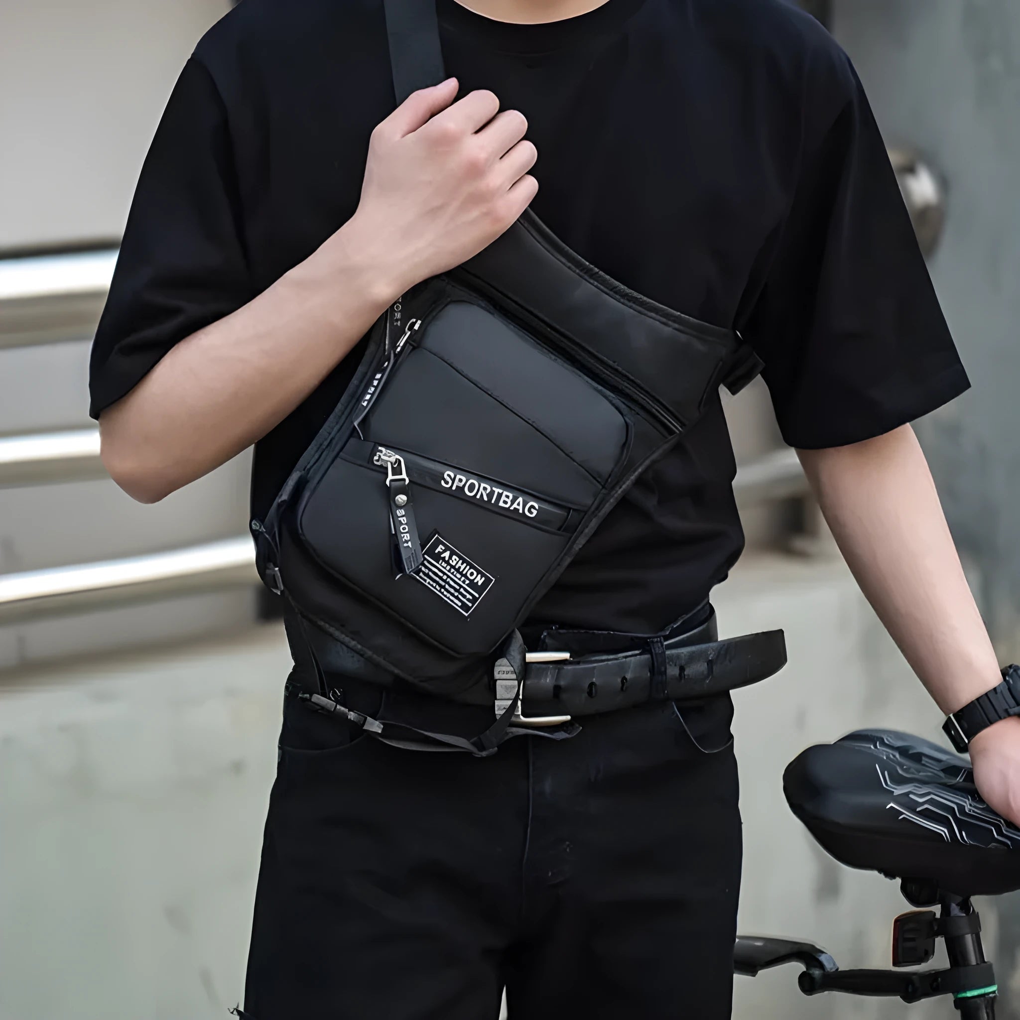 Men's black cycling leg crossbody bag with waterproof nylon construction