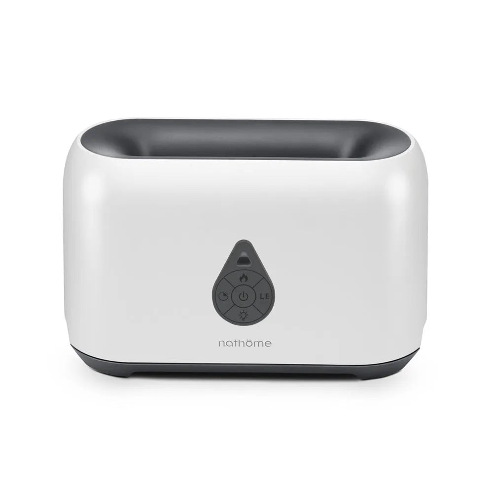 Mini remote control flame diffuser humidifier in white round plastic with single fog outlet and USB cable
