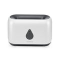 Mini remote control flame diffuser humidifier in white round plastic with single fog outlet and USB cable