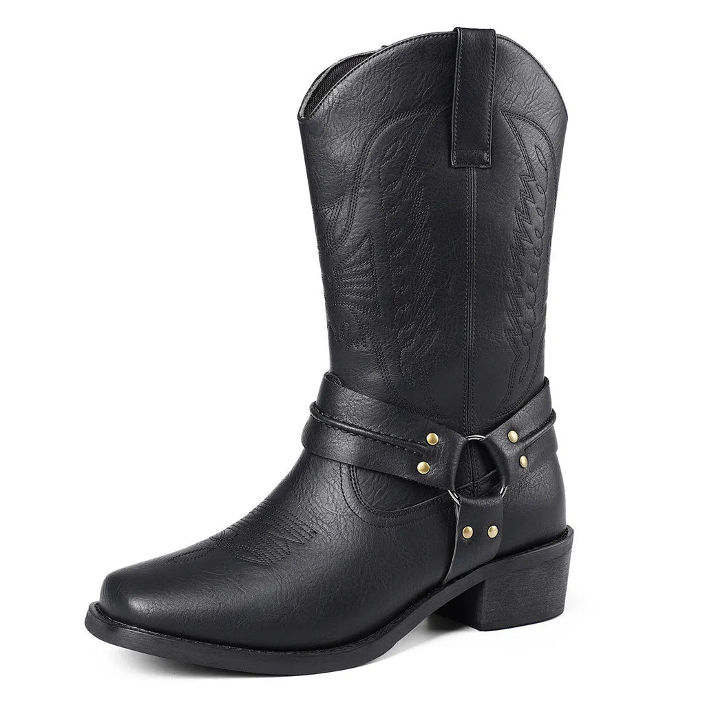 Men's retro high heel leather boots with square toe and horseshoe heel in brown