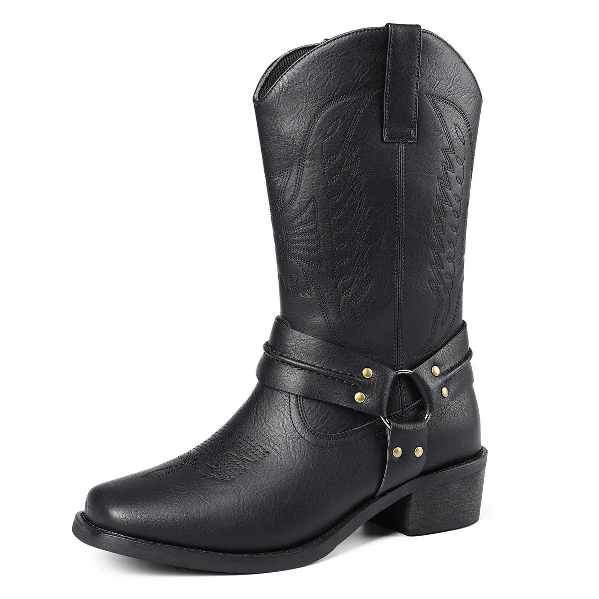 Men's retro high heel leather boots with square toe and horseshoe heel in brown