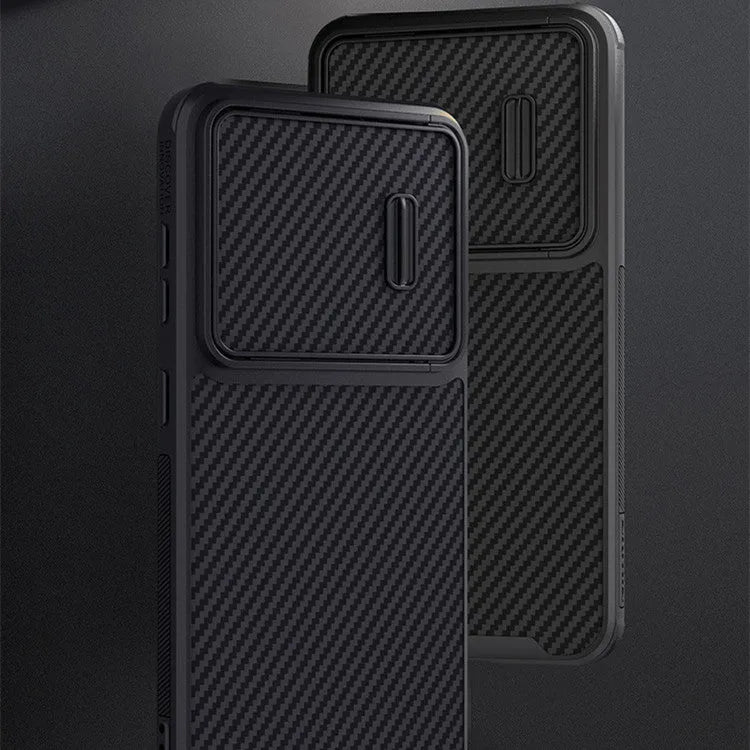 Black Samsung S23 Ultra mobile phone case with integrated lens push cover showing TPU, PC, and carbon fibre construction