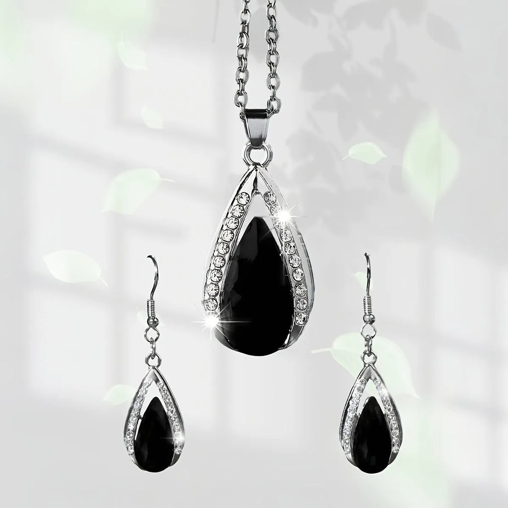 Black and red teardrop pendant alloy necklace and matching earrings set.
