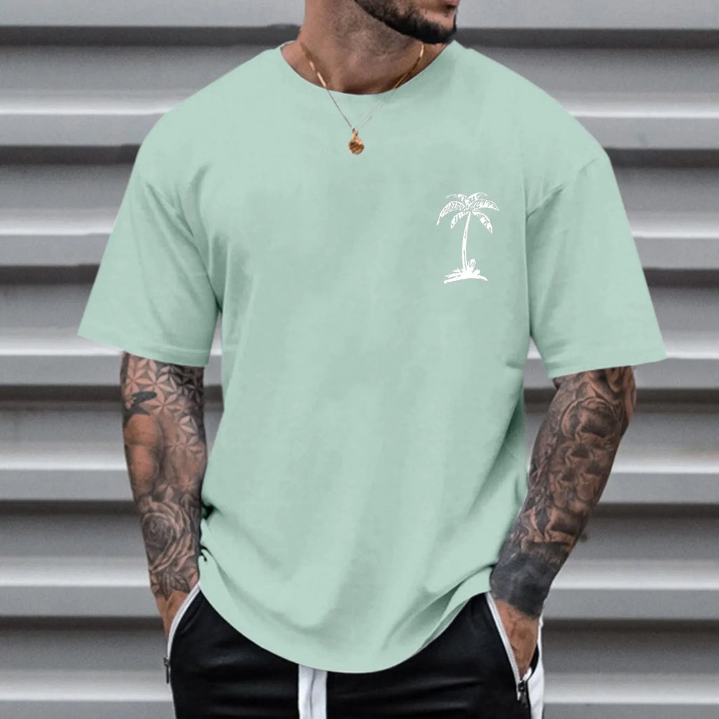 Men's round neck printed short sleeve t-shirt in loose fit polyester fibre, front view