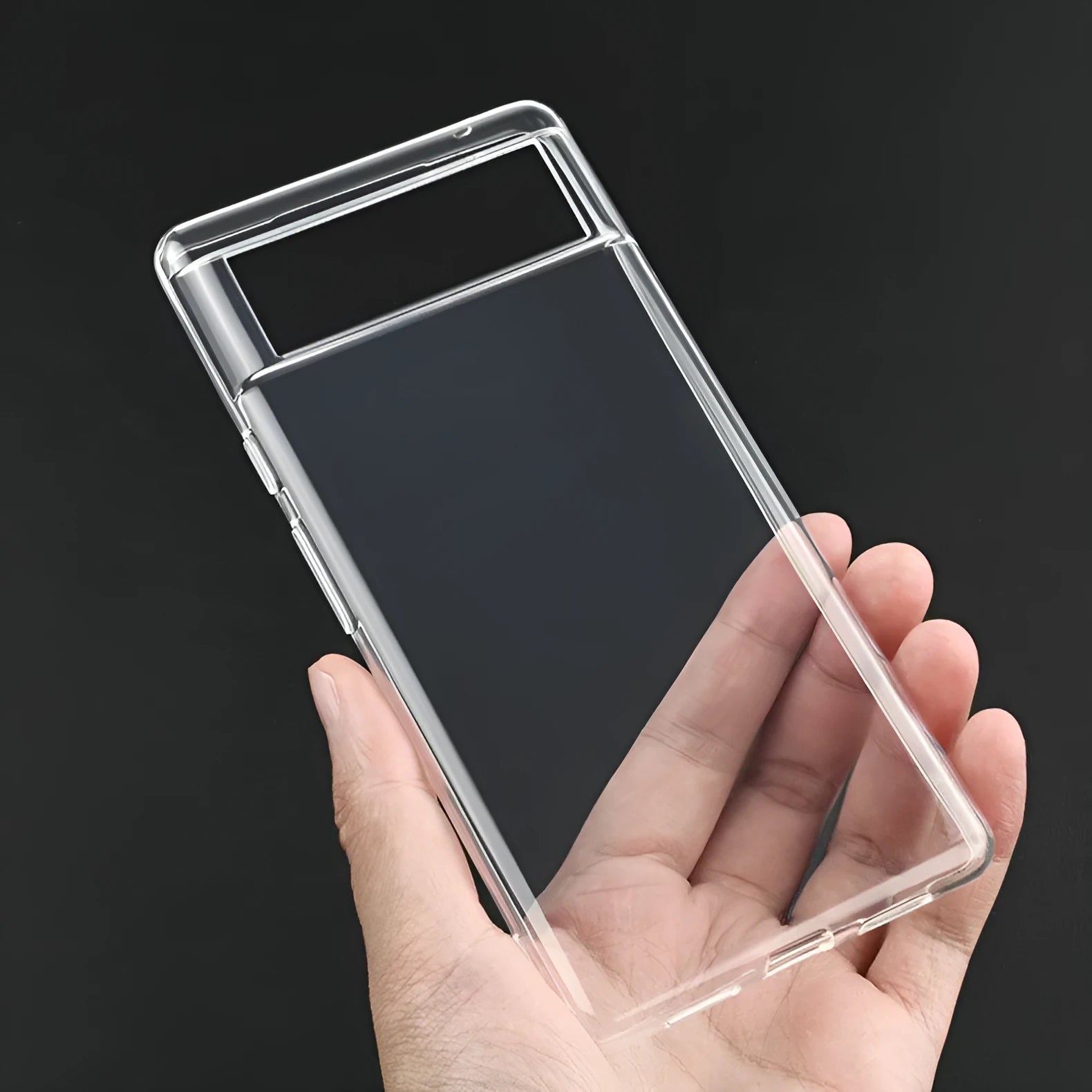 Transparent TPU phone case for Google Pixel 6 with anti-fingerprint coating, laid flat showing cutouts