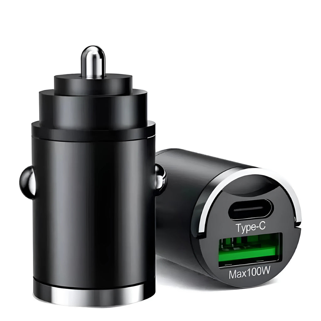 Black metal car charger with invisible pull-tab for 100W super fast USB charging