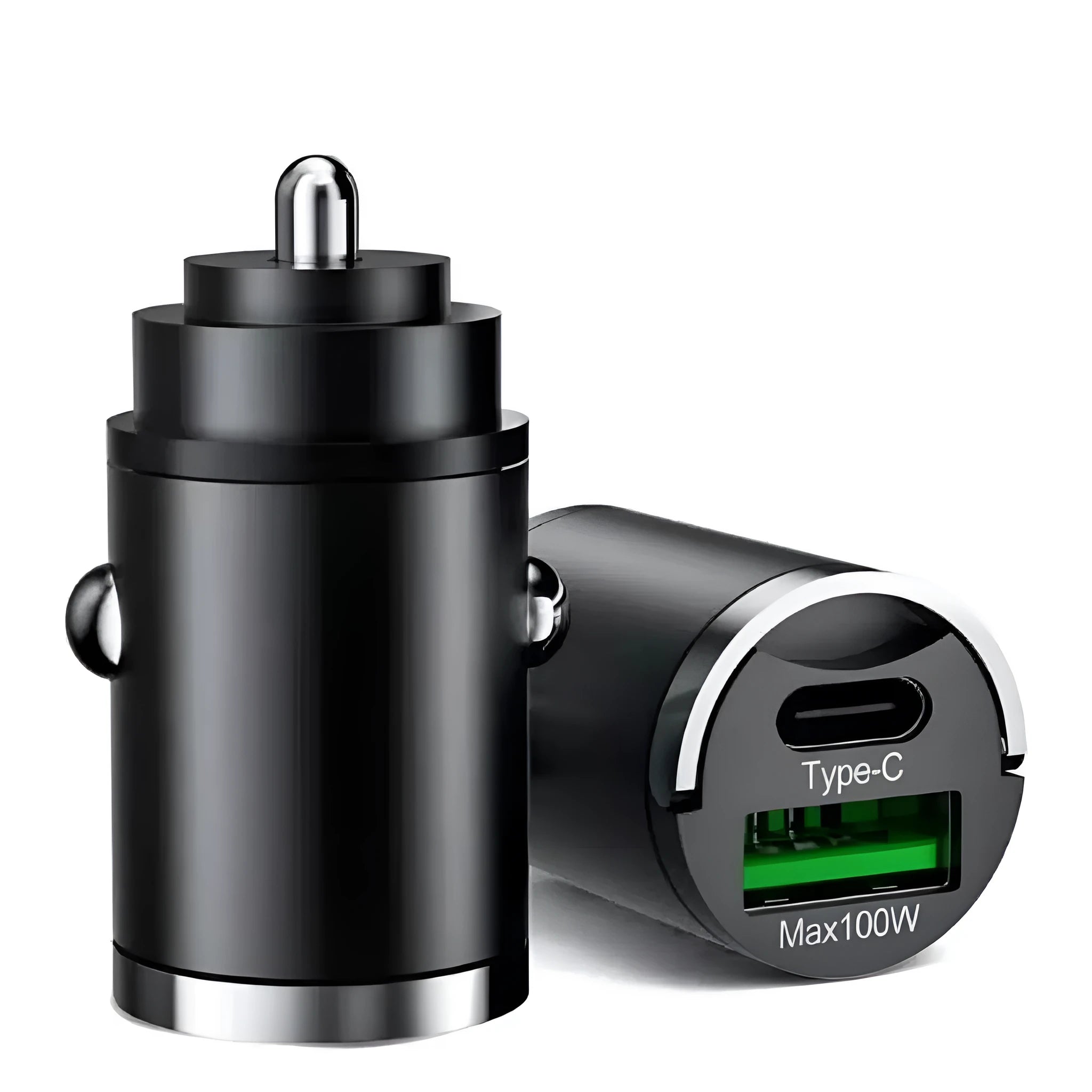 Black metal car charger with invisible pull-tab for 100W super fast USB charging