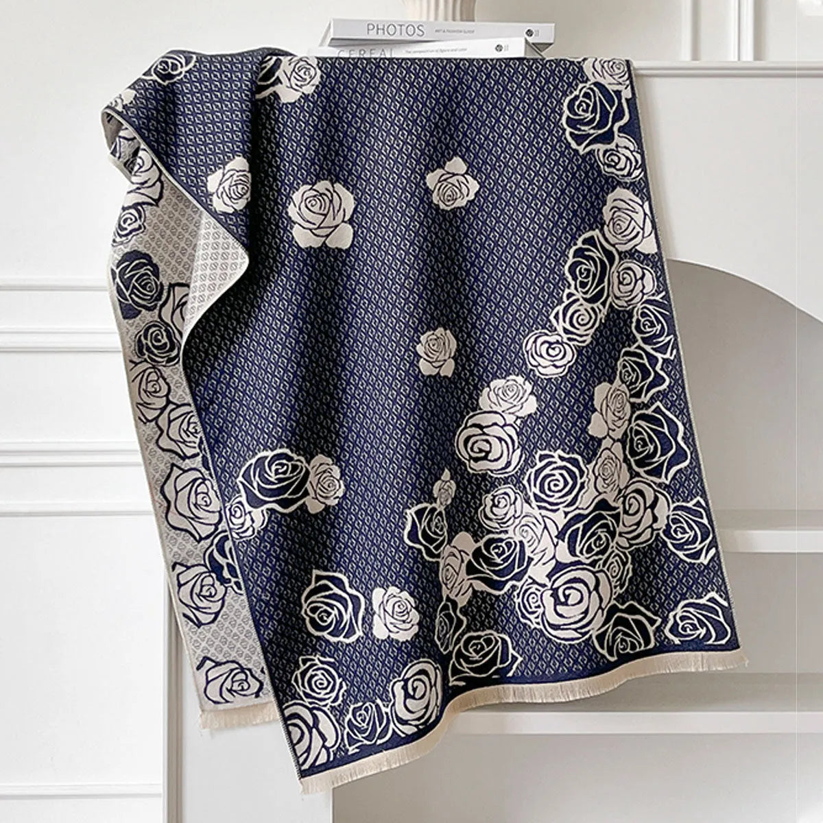 Cashmere-like winter scarf with tassel trim in four colour options showing dimensions of 185cm by 65cm