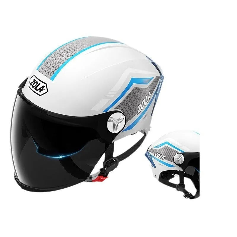 Light brown motorcycle half helmet with a dual mirrored visor on a table.