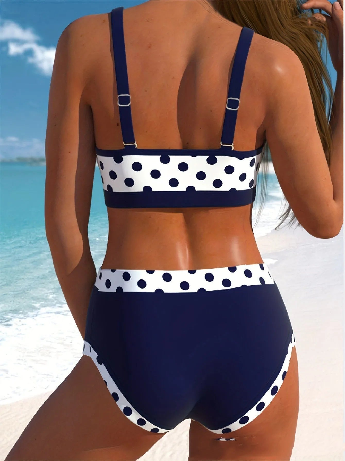 Split swimsuit bikini set with small wave dot pattern and high-waisted conservative brief design