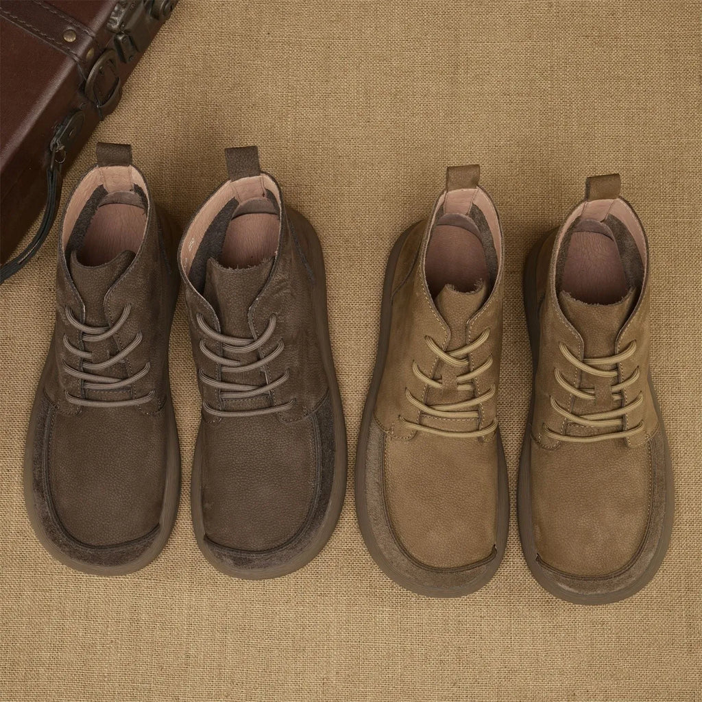 Grey Martin boots with genuine leather wedge heel and lace-up front