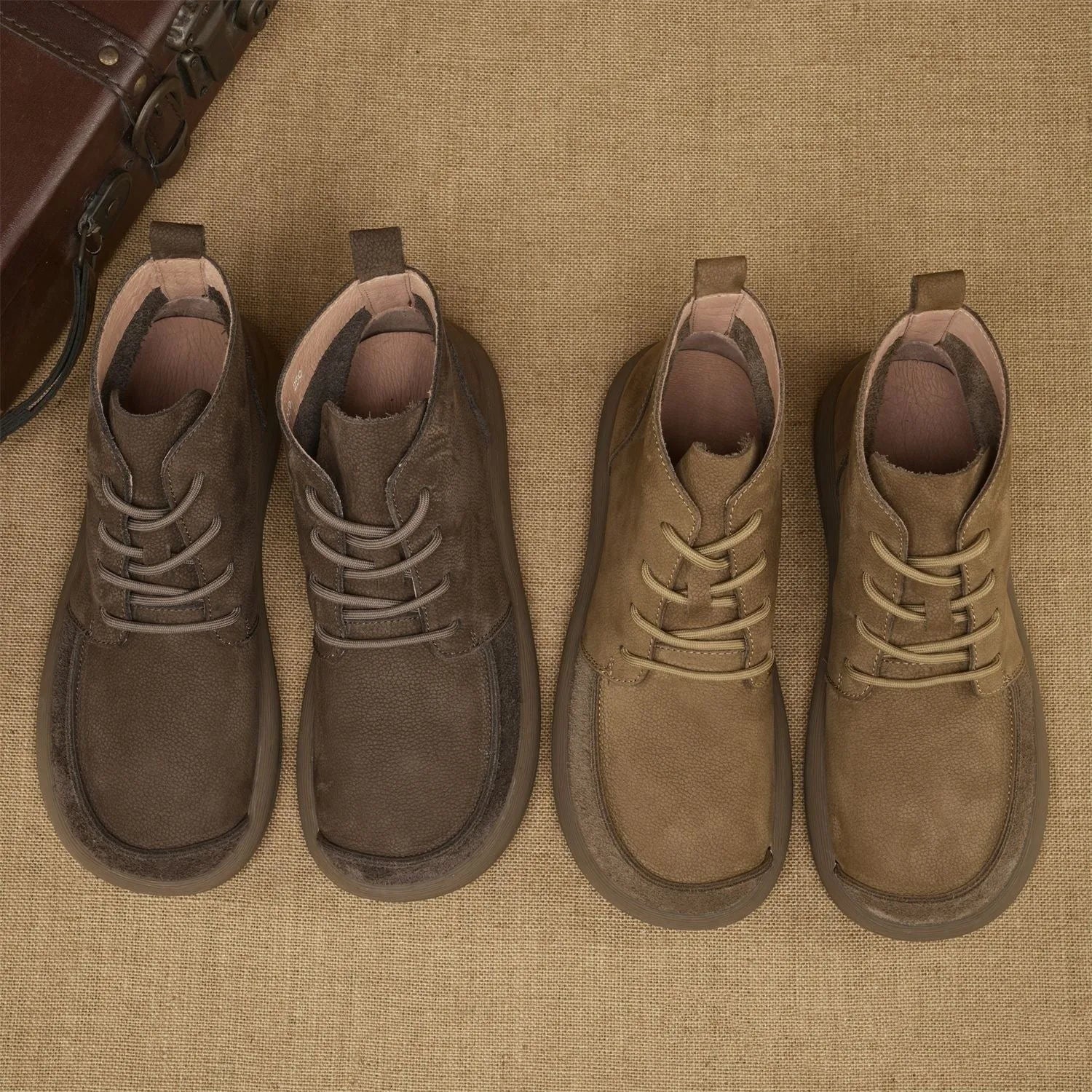 Grey Martin boots with genuine leather wedge heel and lace-up front