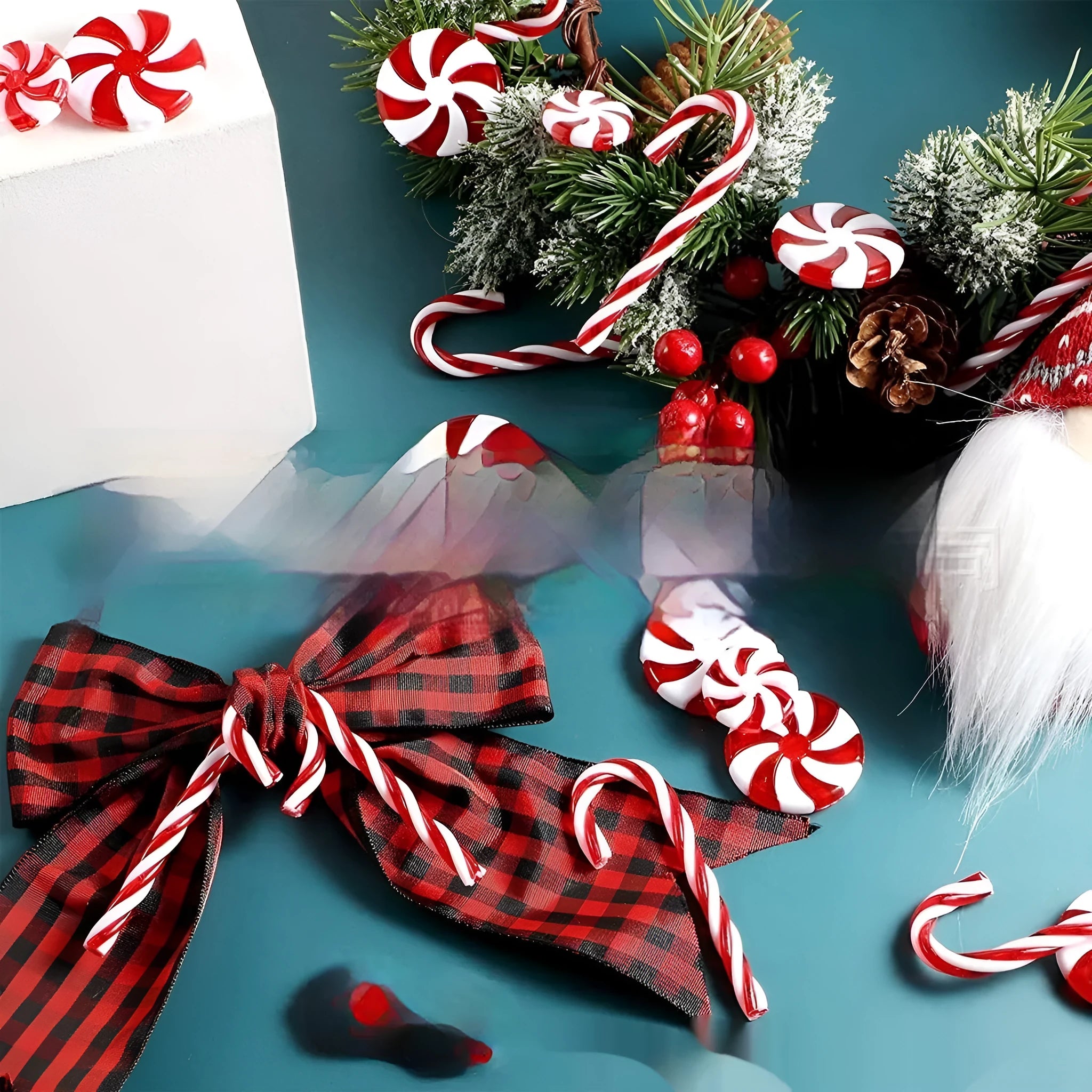 Two red floating stuffed vase Christmas decorations in cup shape on a wooden table