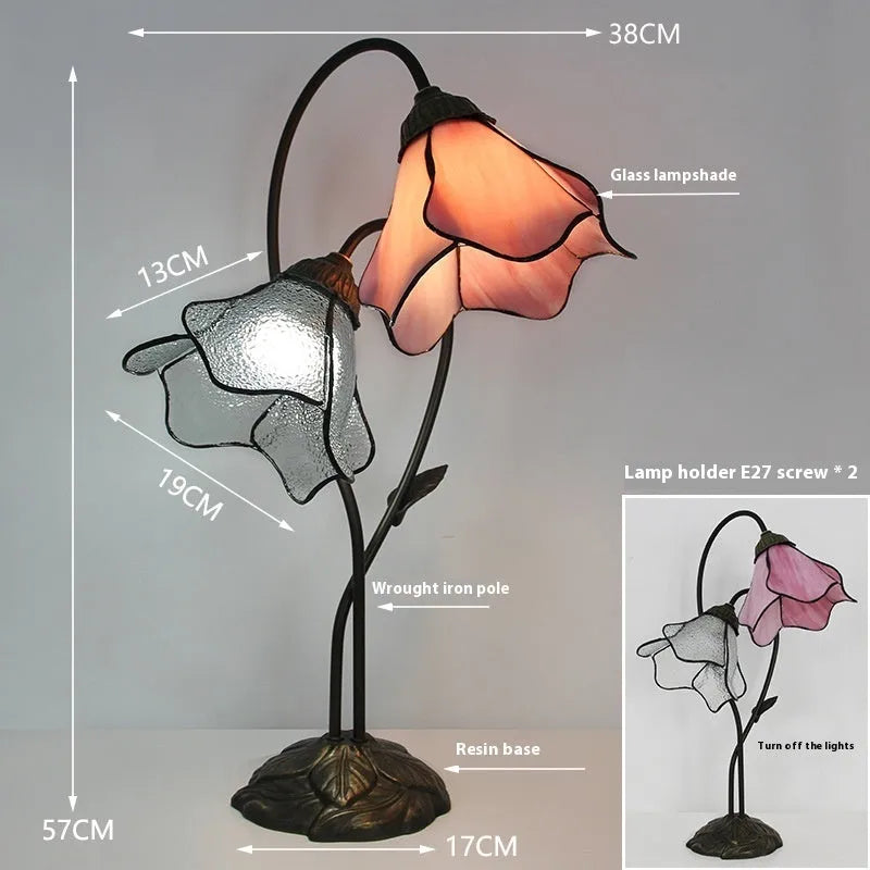 American classical retro style glass table lamp with ornate lotus shade, shown in a beige double head configuration.