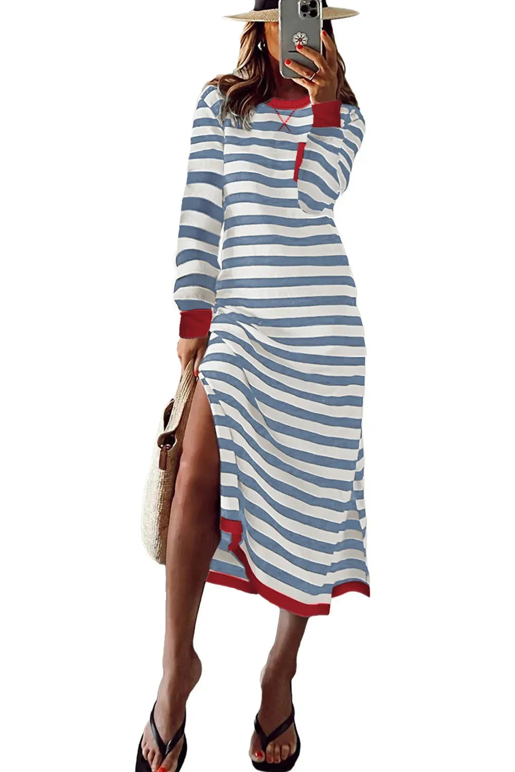 Striped printed long sleeve dress with contrast edge, Rose Stripe colour, on a female model, front view, showing the long sleeves and stripe pattern.