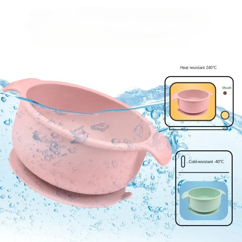 Blue silicone pet bowl for dogs and cats with a non-slip suction cup base on a hardwood floor.