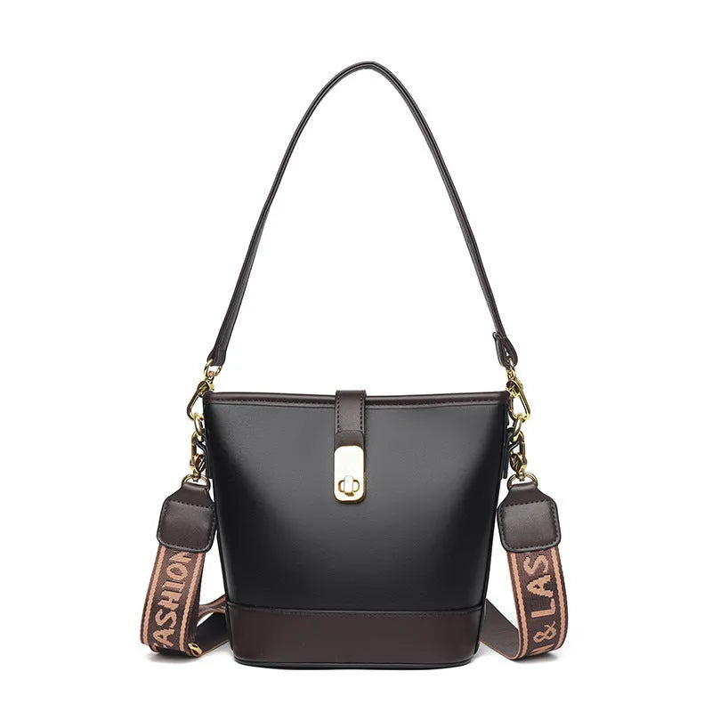 Korean style black bucket shoulder bag with adjustable straps and organised interior compartments
