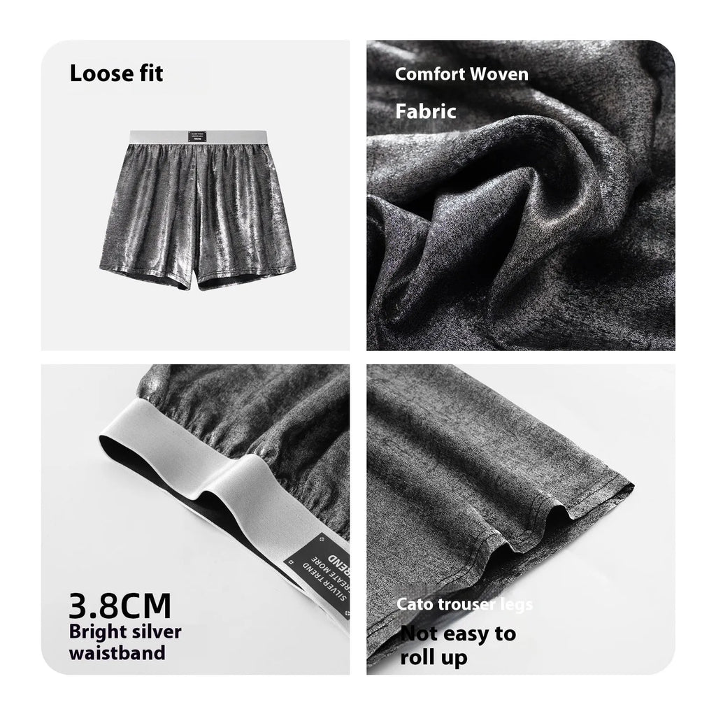 Men's reflective bright silver woven polyester sport underwear on a mid-rise waist.