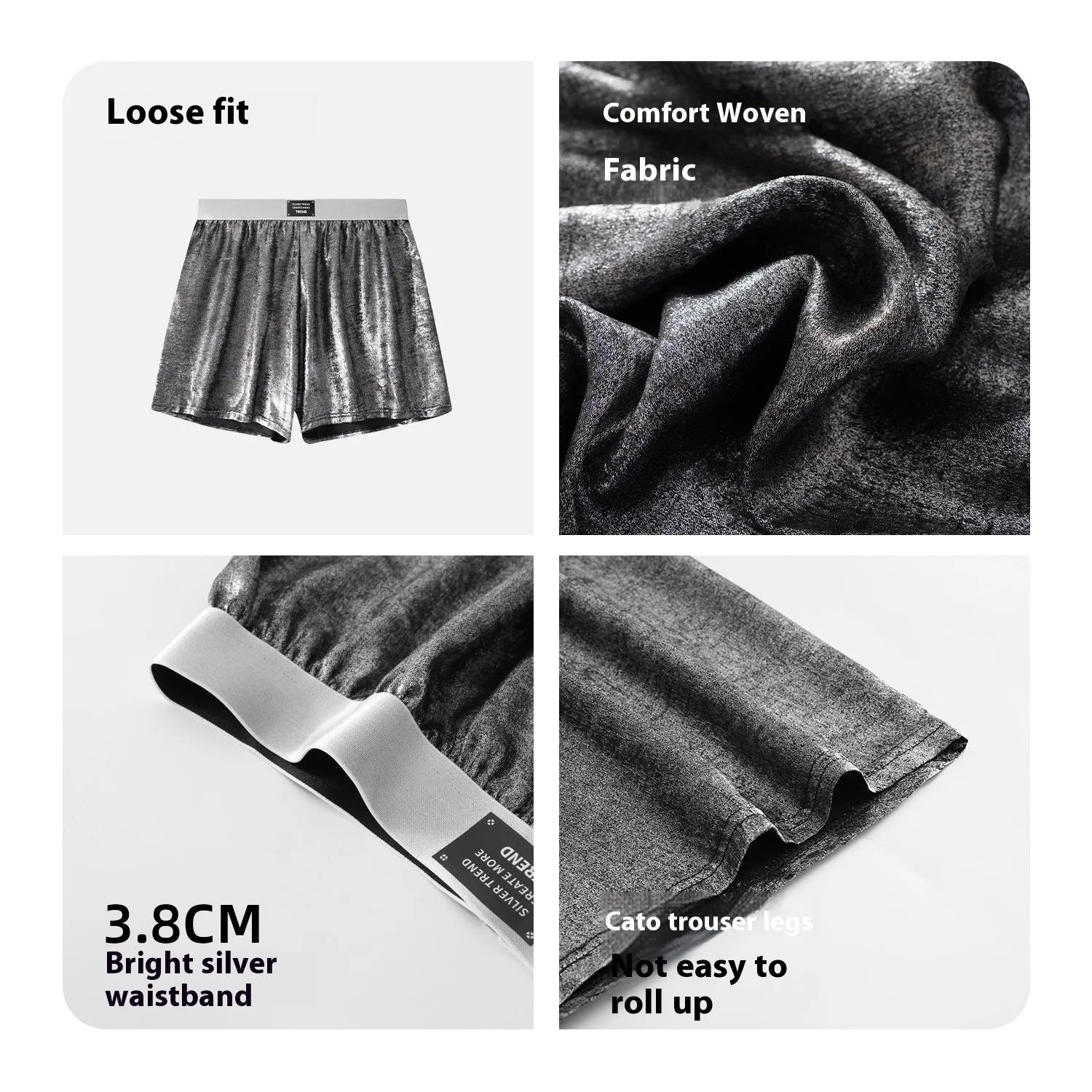 Men's reflective bright silver woven polyester sport underwear on a mid-rise waist.