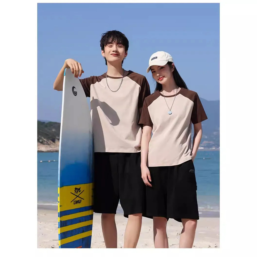 Round neck cotton blend T-shirt in loose pullover style for work printing, shown in a colour option