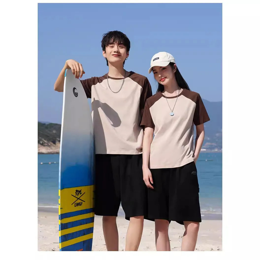 Round neck cotton blend T-shirt in loose pullover style for work printing, shown in a colour option