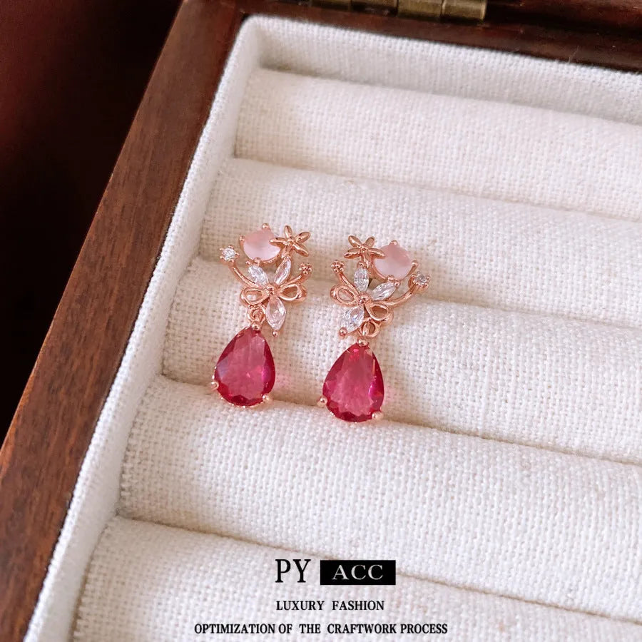 French style light luxury silver needle zircon flower drop earrings for women copper base rose gold colour