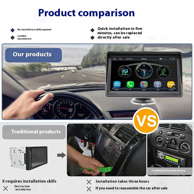 7-inch portable car wireless wired HD reversing image monitor with 1080p screen capacitive touch ABS black for Carplay