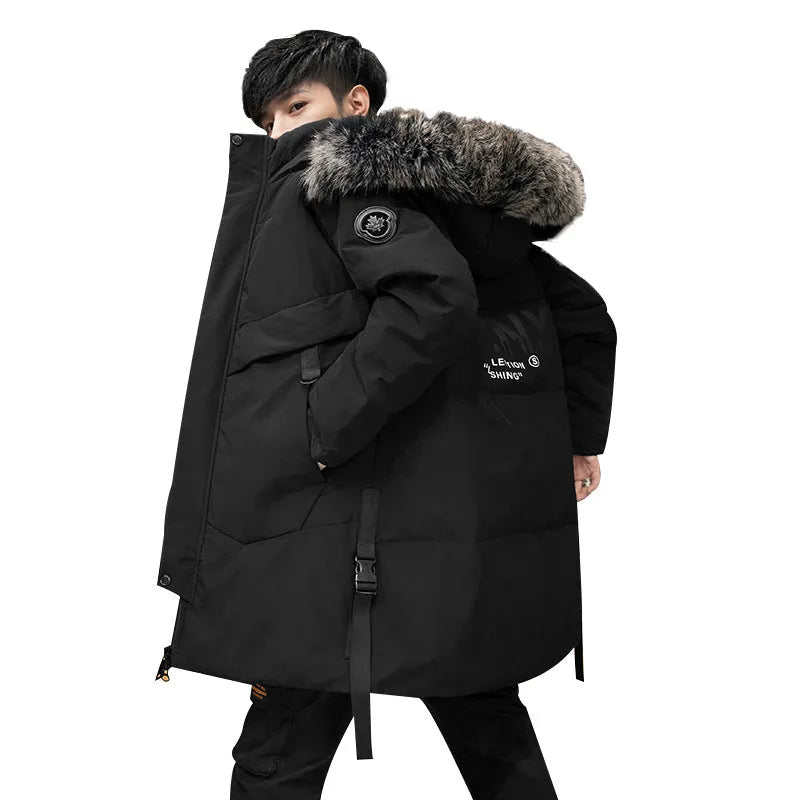 Men's long thickened down jacket in black, white duck down filling, sizes M to 3XL