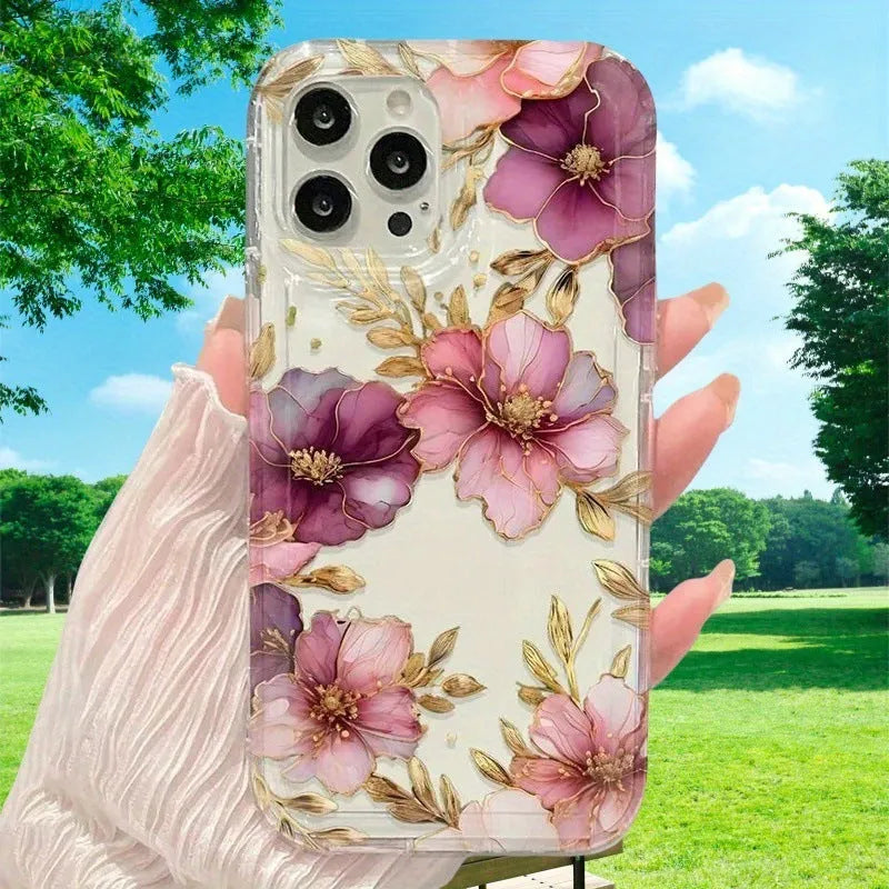 Pink purple flowers TPU air spring phone case for iPhone 12 Pro Max, transparent frosted finish