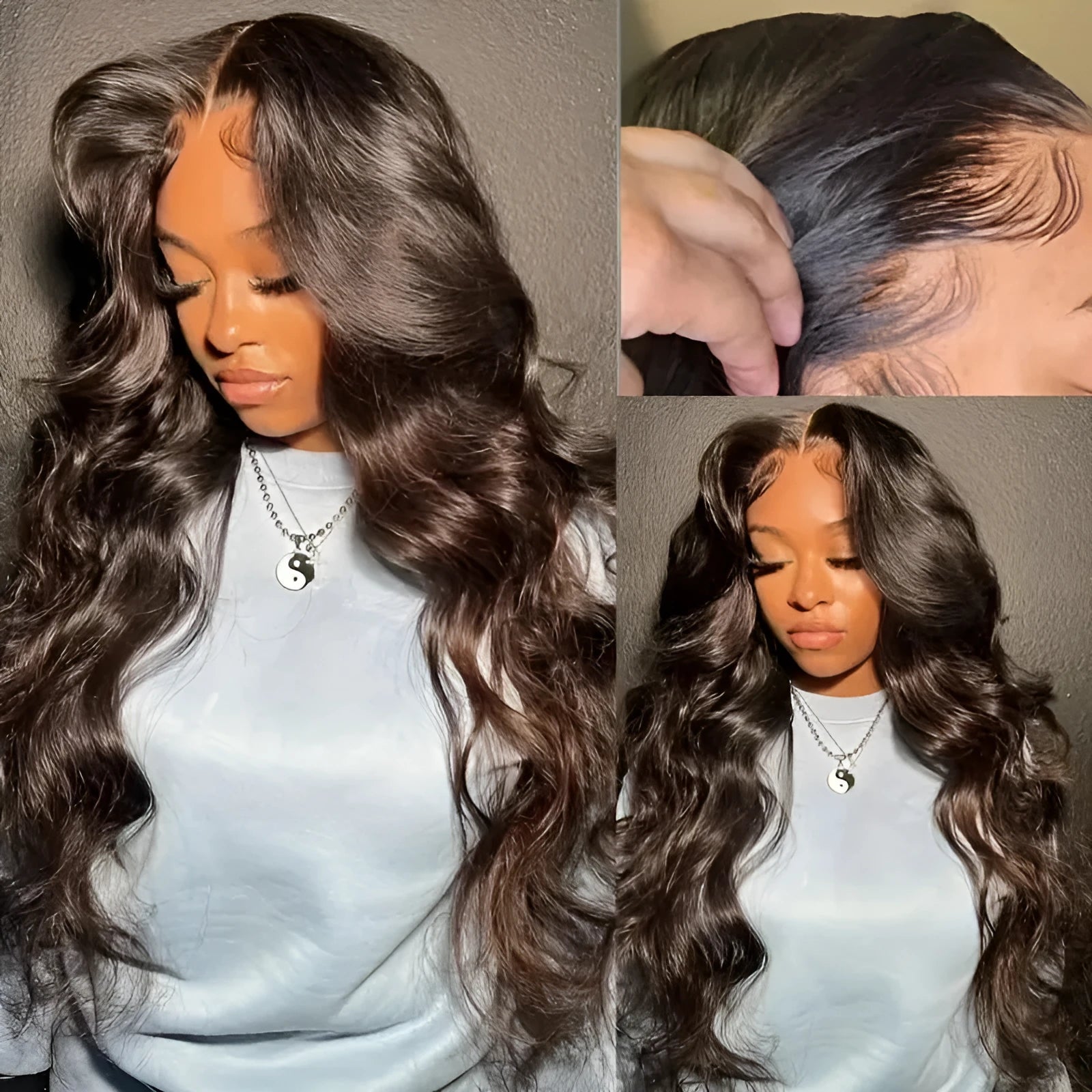 Women's long curly dark brown front lace wig with side bangs on a mannequin head